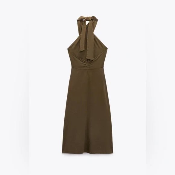 NWT // Zara Linen Blend Midi Halter Dress - Khaki Green - Picture 6 of 7